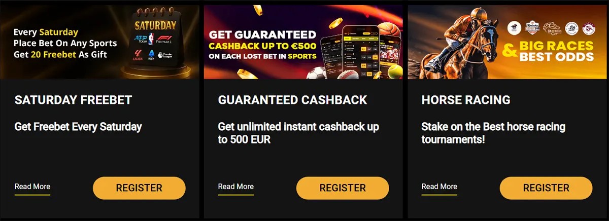 Casino promotions section showing three offers: Saturday freebet for sports bets, guaranteed cashback up to €500 on sports bets, and horse racing betting with best odds, each with “Read More” and “Register” buttons on a dark background.