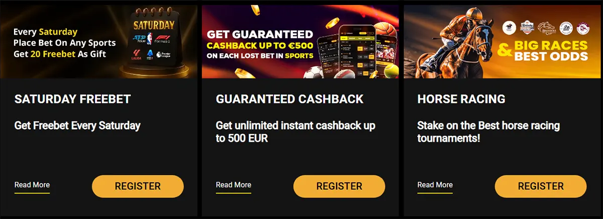 Casino promotions section showing three offers: Saturday freebet for sports bets, guaranteed cashback up to €500 on sports bets, and horse racing betting with best odds, each with “Read More” and “Register” buttons on a dark background.
