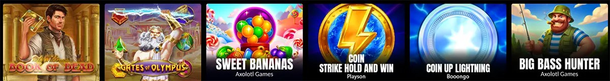 Casino game thumbnails featuring Book of Dead, Gates of Olympus, Sweet Bananas, Coin Strike Hold and Win, Coin Up Lightning, and Big Bass Hunter displayed in a horizontal row on a dark background.