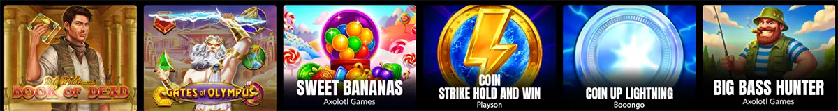 Casino game thumbnails featuring Book of Dead, Gates of Olympus, Sweet Bananas, Coin Strike Hold and Win, Coin Up Lightning, and Big Bass Hunter displayed in a horizontal row on a dark background.
