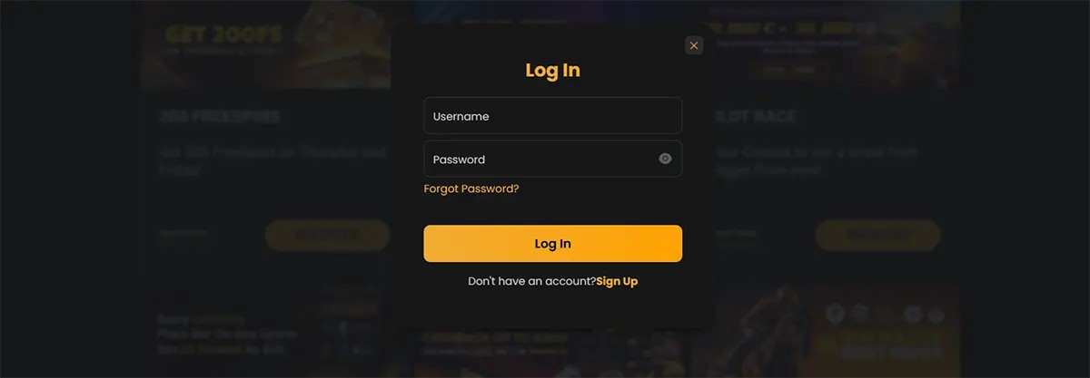 Casino login popup with username and password fields, “Forgot Password?” link, and a highlighted “Log In” button on a dark-themed background, with a sign-up option below.