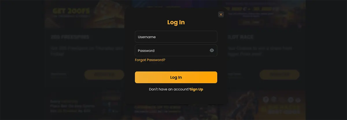 Casino login popup with username and password fields, “Forgot Password?” link, and a highlighted “Log In” button on a dark-themed background, with a sign-up option below.